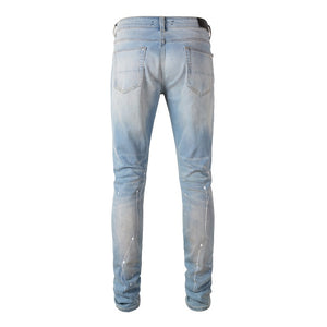 Light Blue Distressed Onyx Rhinestone Slim Jeans , - Streetwear Jeans - Slick Street