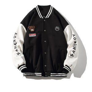 Teddy Bear Stitch Varsity Jacket Black, XS - Streetwear Jacket - Slick Street