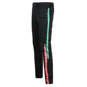 Two Stripes Color Line Jeans 28, Green Red - Streetwear Jeans - Slick Street