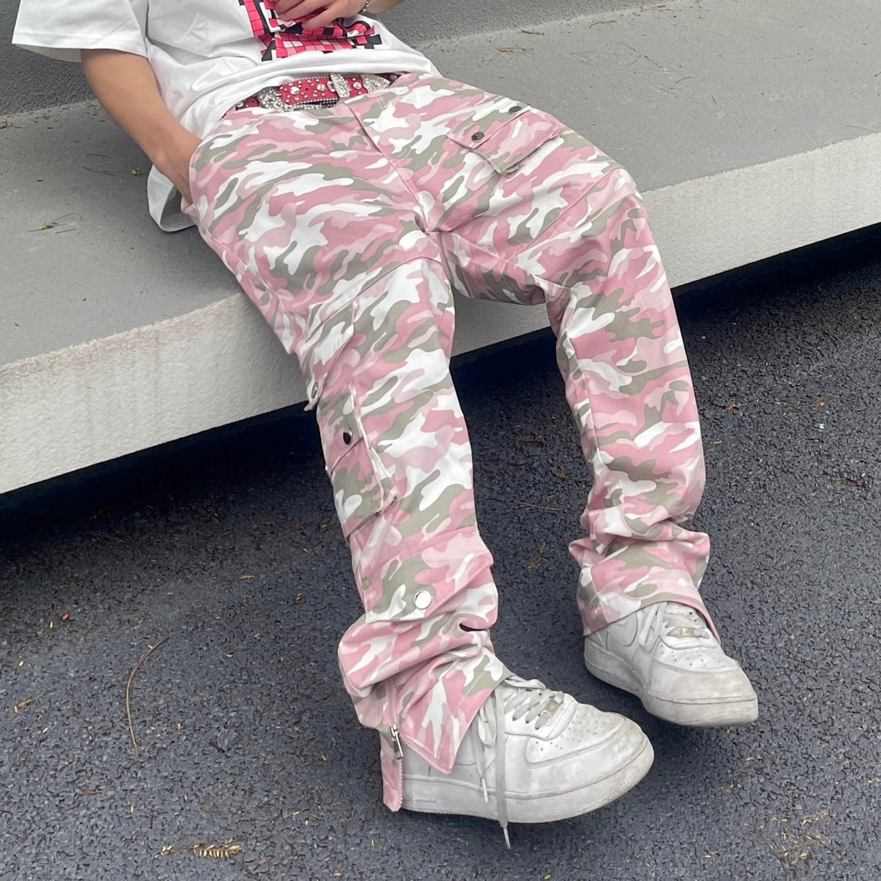 PK21 Straight Multi-pocket Cargo Pants - Pink Camo ,  - Streetwear Cargo Pants - Slick Street