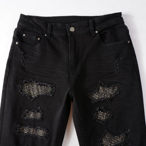 Obsidian Distressed Rhinestone Slim Black Jeans , - Streetwear Jeans - Slick Street