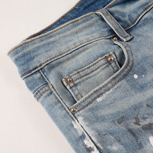 Distressed Silver Rhinestone Slim Blue Jeans , - Streetwear Jeans - Slick Street