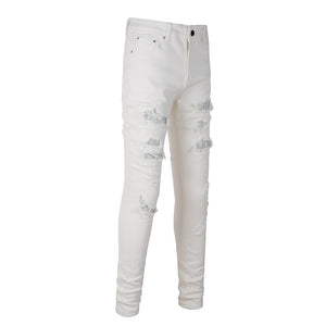 White Distressed Rhinestone Slim Jeans , - Streetwear Jeans - Slick Street