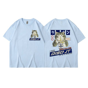 Midnight Canteen Cat Graphic T-Shirt Light Blue, XXS - Streetwear T-Shirts - Slick Street