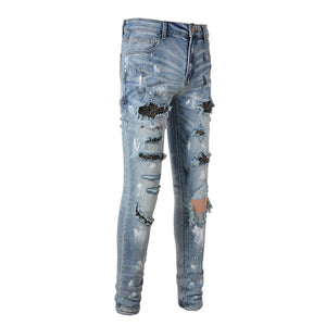 Distressed Silver Rhinestone Slim Blue Jeans , - Streetwear Jeans - Slick Street