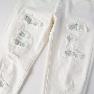 White Distressed Rhinestone Slim Jeans , - Streetwear Jeans - Slick Street