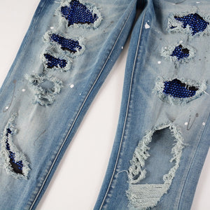 Sapphire Distressed Rhinestone Slim Jeans , - Streetwear Jeans - Slick Street