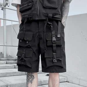 Darkwear Multiple Cargo Buckles Pockets Shorts , - Streetwear Shorts - Slick Street