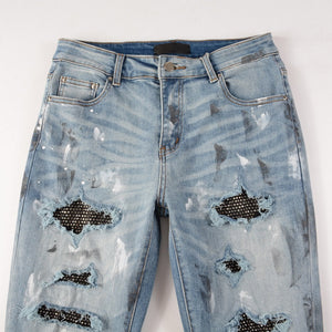 Distressed Silver Rhinestone Slim Blue Jeans , - Streetwear Jeans - Slick Street