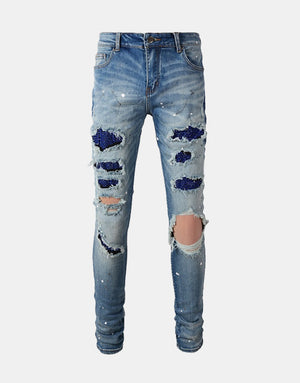 Sapphire Distressed Rhinestone Slim Jeans , - Streetwear Jeans - Slick Street
