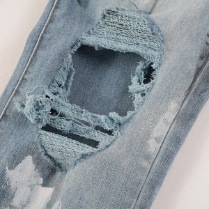 Distressed Silver Rhinestone Slim Blue Jeans , - Streetwear Jeans - Slick Street
