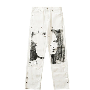 Herringbone Graffiti Print White Straight Jeans White, 31 - Streetwear Jeans - Slick Street
