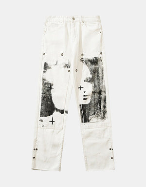 Herringbone Graffiti Print White Straight Jeans , - Streetwear Jeans - Slick Street