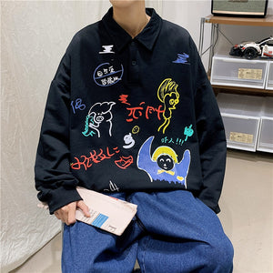 Retro Artwork Long Sleeve Shirt Black, XXS - Streetwear Shirt - Slick Street