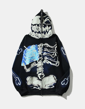 Skeleton Cactus Zip Hoodie Blue, XS - Streetwear Hoodie - Slick Street