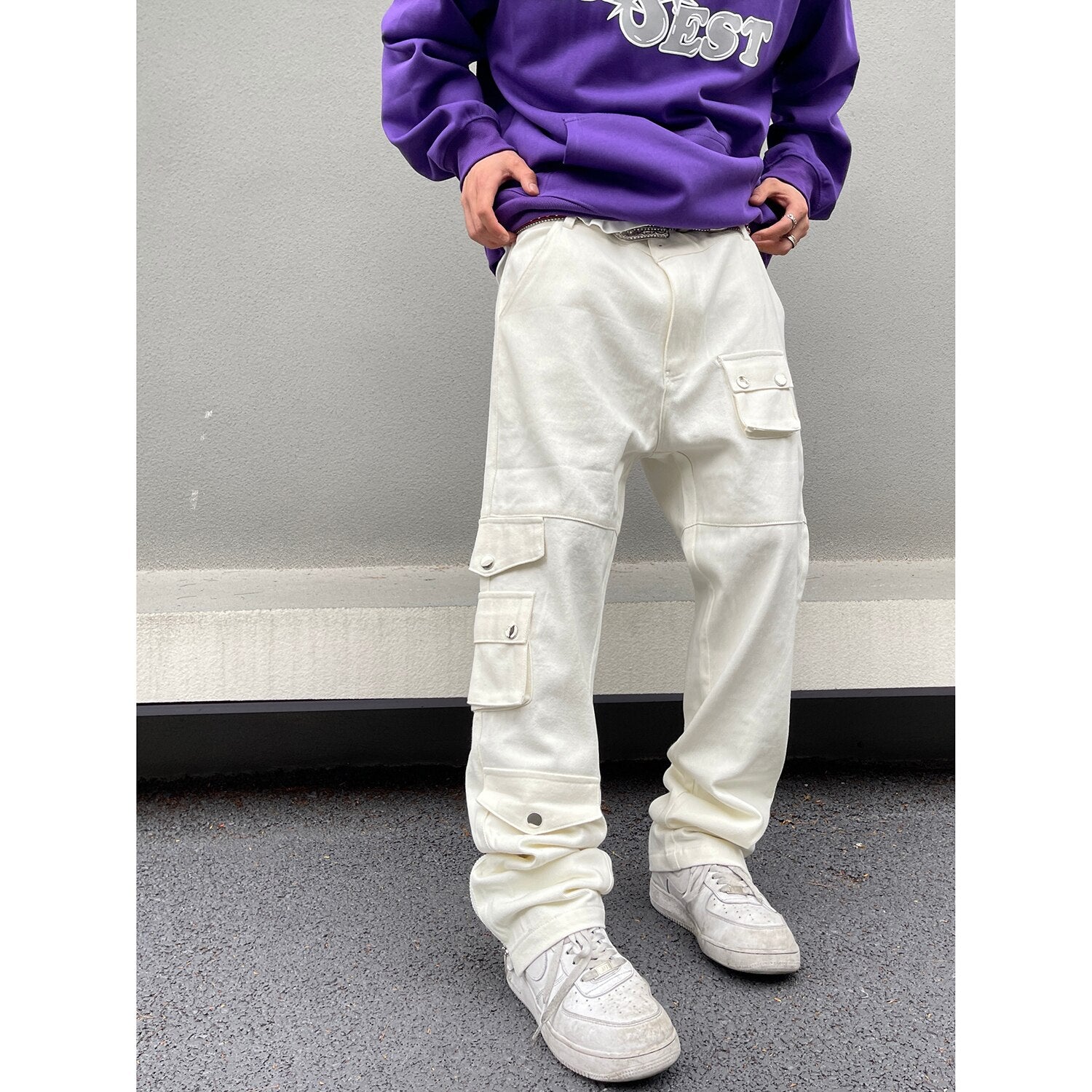 PK21 Straight Multi-pocket Cargo Pants - White , - Streetwear Cargo Pants - Slick Street