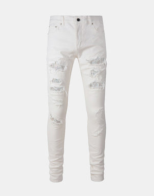 White Distressed Rhinestone Slim Jeans , - Streetwear Jeans - Slick Street