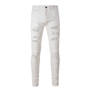 White Distressed Rhinestone Slim Jeans White, 28 - Streetwear Jeans - Slick Street