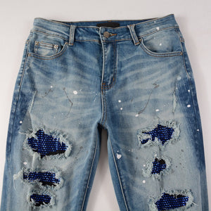 Sapphire Distressed Rhinestone Slim Jeans , - Streetwear Jeans - Slick Street