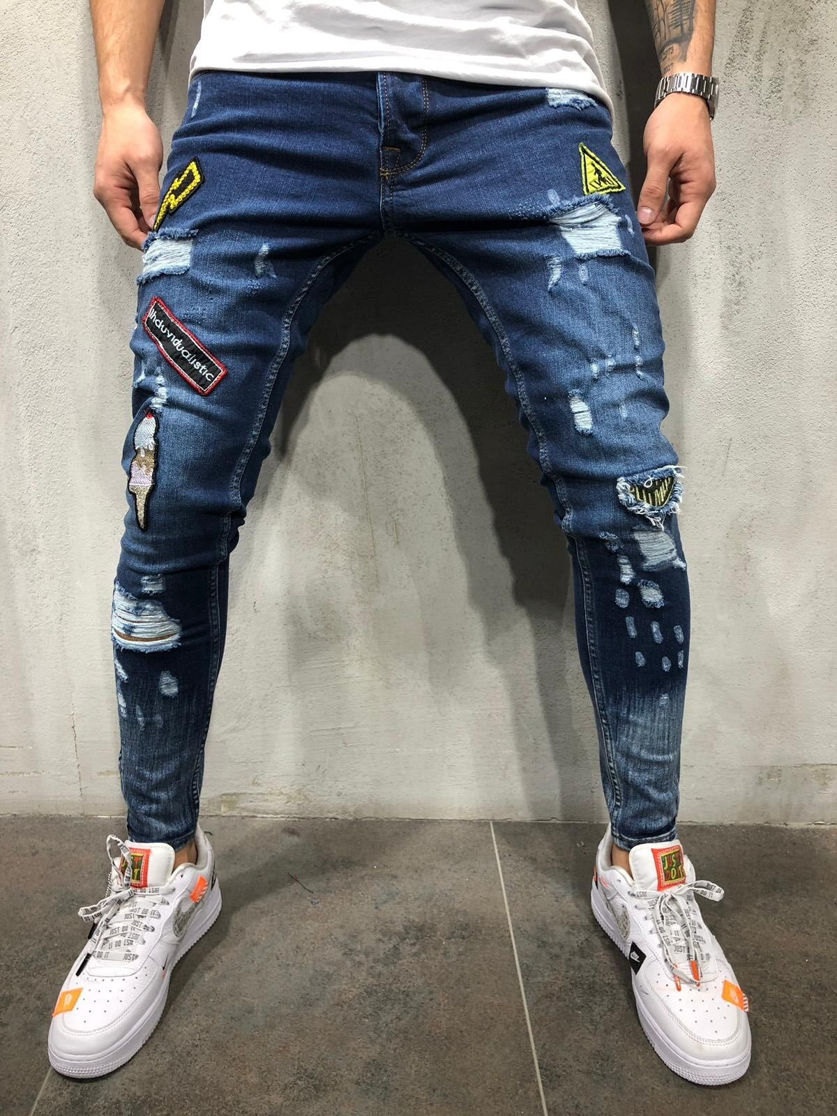 xBadges Distressed Skinny Jeans Dark Blue, XS - Streetwear Jeans - Slick Street
