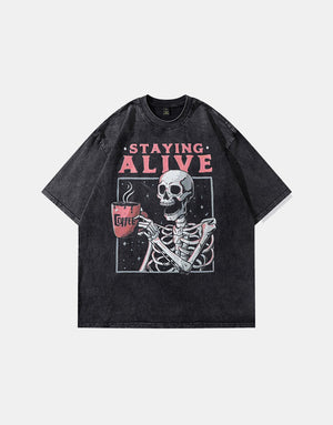 Staying Alive Skeleton T-Shirt , - Streetwear T-Shirts - Slick Street