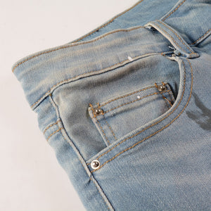 Light Blue Distressed Onyx Rhinestone Slim Jeans , - Streetwear Jeans - Slick Street