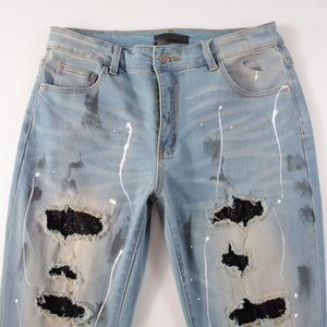Light Blue Distressed Onyx Rhinestone Slim Jeans , - Streetwear Jeans - Slick Street