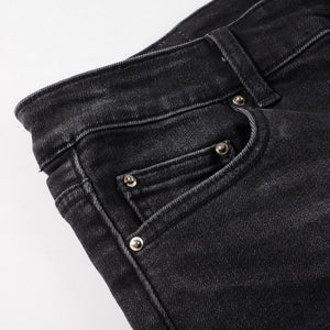 Ruby Distressed Rhinestone Slim Black Jeans , - Streetwear Jeans - Slick Street