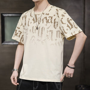 Letter Print Gradient T-Shirt Khaki, XS - Streetwear T-Shirts - Slick Street