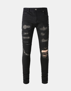 Obsidian Distressed Rhinestone Slim Black Jeans , - Streetwear Jeans - Slick Street