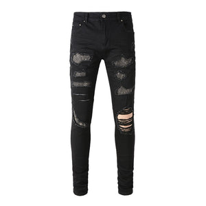 Obsidian Distressed Rhinestone Slim Black Jeans Black, 28 - Streetwear Jeans - Slick Street