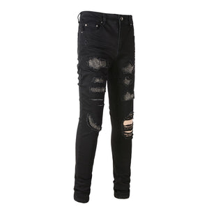 Obsidian Distressed Rhinestone Slim Black Jeans , - Streetwear Jeans - Slick Street
