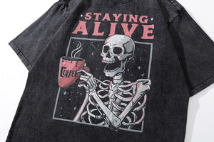 Staying Alive Skeleton T-Shirt , - Streetwear T-Shirts - Slick Street