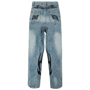 HTH Flame Embroidery Blue Denim Pants , - Streetwear Pants - Slick Street