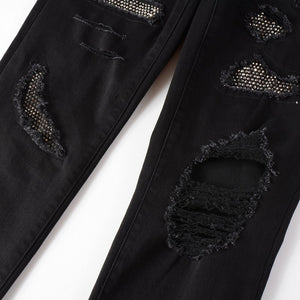Obsidian Distressed Rhinestone Slim Black Jeans , - Streetwear Jeans - Slick Street