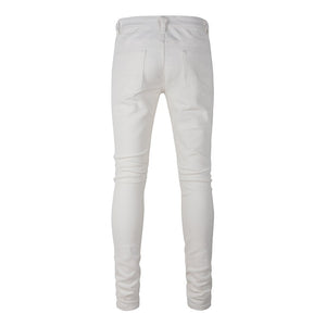 White Distressed Rhinestone Slim Jeans , - Streetwear Jeans - Slick Street