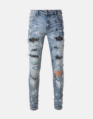 Distressed Silver Rhinestone Slim Blue Jeans , - Streetwear Jeans - Slick Street