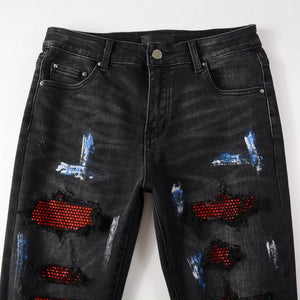 Ruby Distressed Rhinestone Slim Black Jeans , - Streetwear Jeans - Slick Street