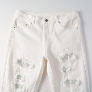 White Distressed Rhinestone Slim Jeans , - Streetwear Jeans - Slick Street