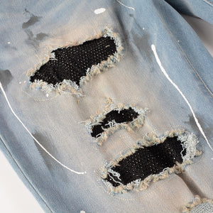 Light Blue Distressed Onyx Rhinestone Slim Jeans , - Streetwear Jeans - Slick Street