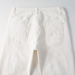White Distressed Rhinestone Slim Jeans , - Streetwear Jeans - Slick Street