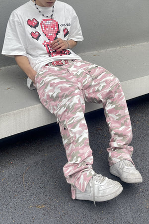 PK21 Straight Multi-pocket Cargo Pants - Pink Camo ,  - Streetwear Cargo Pants - Slick Street