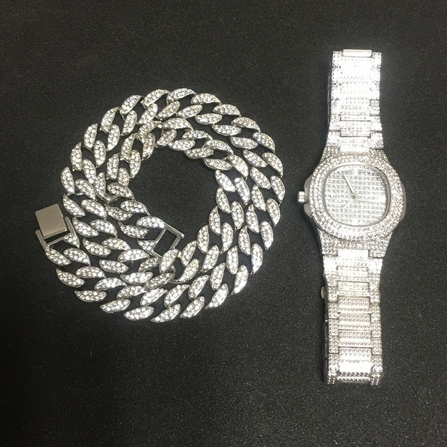 Ice Knight. Iced Out Watch Set (Silver/Gold) Silver - Watch and Chain 50cm,  - Streetwear Jewellery - Slick Street