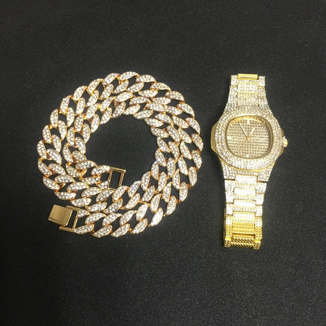 Ice Knight. Iced Out Watch Set (Silver/Gold) Gold - Watch and Chain 50cm,  - Streetwear Jewellery - Slick Street