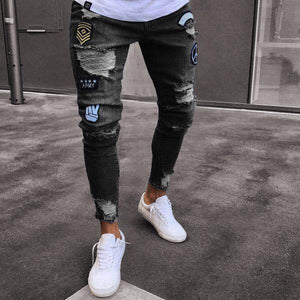 Peace Sign Ripped Skinny Jeans - 3 Colours Black, XS - Streetwear Jeans - Slick Street