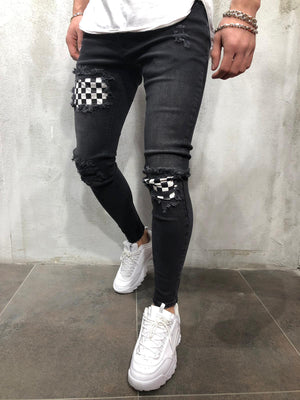 xChequered Distressed Skinny Jeans , - Streetwear Jeans - Slick Street