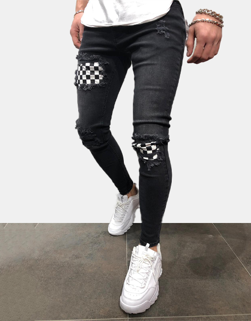 xChequered Distressed Skinny Jeans Black, XS - Streetwear Jeans - Slick Street