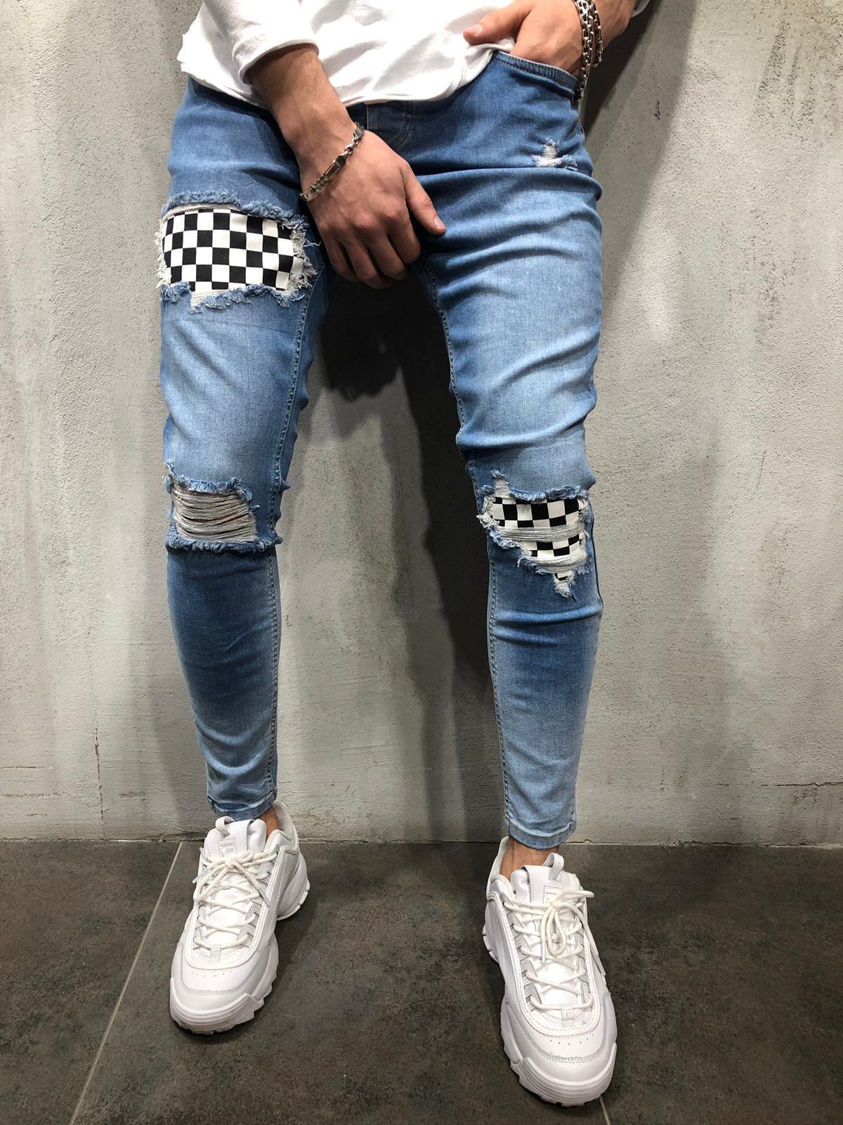 xChequered Distressed Skinny Jeans , - Streetwear Jeans - Slick Street