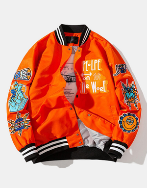 WOEF Varsity Jacket Orange, S - Streetwear Bomber Jacket - Slick Street