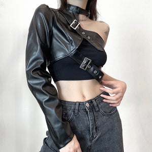 One Shoulder PU Cropped Coat , - Streetwear Jackets - Slick Street